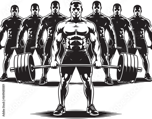Group of bodybuilders with barbell in black and white vector illustration fitness muscle