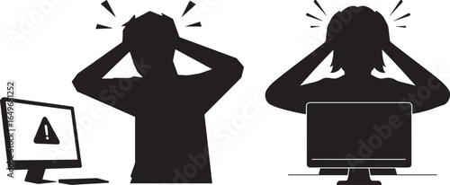 Two silhouettes expressing frustration and stress while working on computers silhouette
