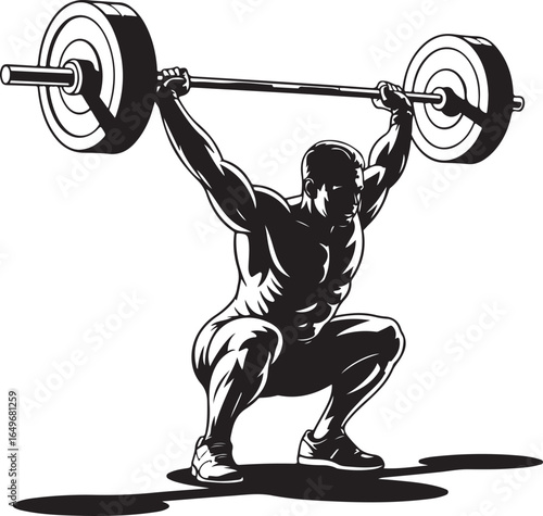 Black and white illustration of a muscular man performing a barbell squat weightlifting strength training