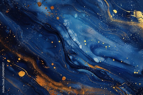 Abstract paint background by deep blue and gold color with liquid fluid texture in luxury concept.