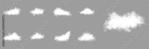 Vector weather element on png background. Cloud, fire smoke wave and foggy nature element decoration. Transparent cloud, nature sky or food smoke art. Vector illustration Vector mist, smog background.