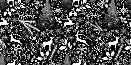 Seamless monochrome Christmas background with snowflakes, branches and deer. Not AI. Vector illustration.