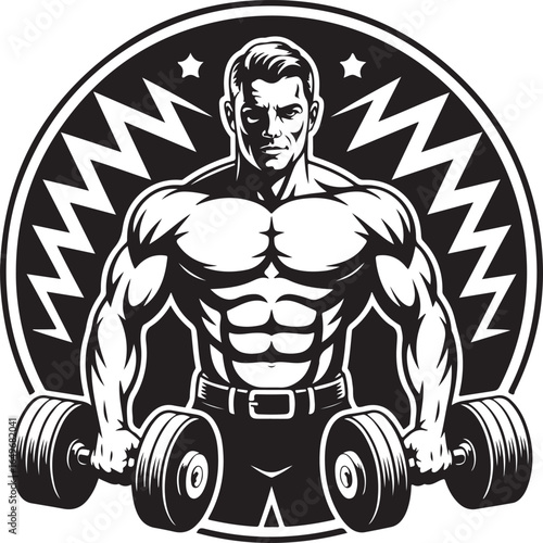 Muscular man with dumbbells in a circular emblem bodybuilder fitness