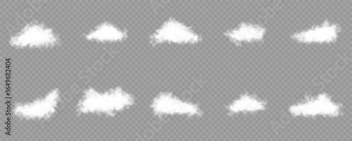 Vector illustration Transparent cloud, nature sky or food smoke art. Cloud texture, smoke, nature sky or foggy nature illustration isolated on transparent background. White vector realistic cloud set.