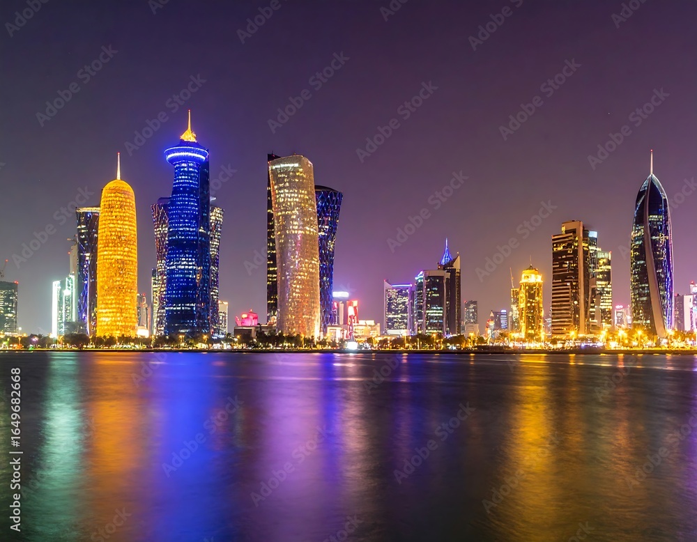Fototapeta premium City skyline at night, lights reflecting on water