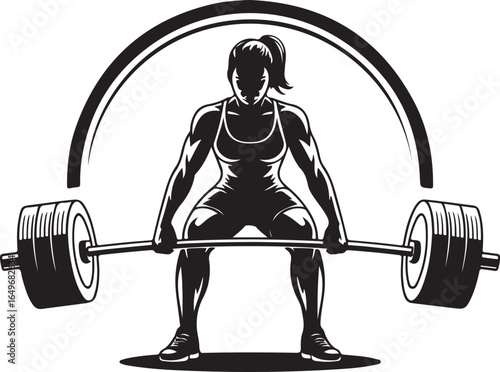 Woman weightlifter performing deadlift with barbell and arched frame strength