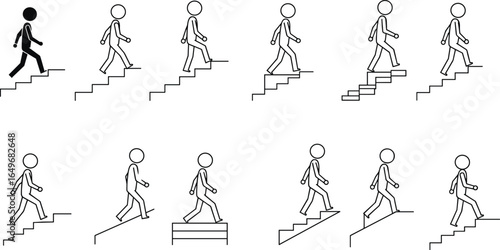 Stickman climbing and descending stairs icon set, business progress concept, leadership growth, minimal vector outline symbols for success steps
