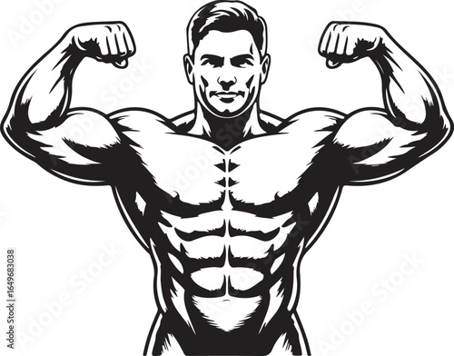 Muscular Man Flexing Biceps Muscles Bodybuilder Posing Black and White fitness strong