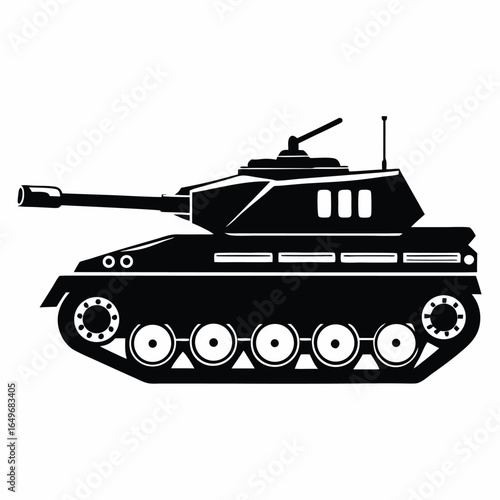 Silhouette of a Black Cartoon Tank with Large Gun and Detailed Tracks