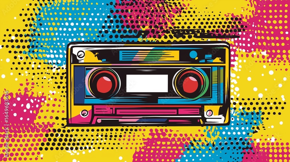 Fototapeta premium A vibrant retro cassette tape stands out against a playful backdrop of bold colors and patterns