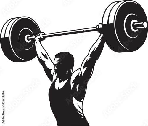 Silhouette of a man lifting a barbell overhead in a weightlifting pose strength