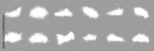Vector set of realistic white cloud, fog or smoke in the sky. Cloud texture, smoke, nature sky or foggy nature illustration isolated on transparent background. Vector mist, smog background. Cloud png.