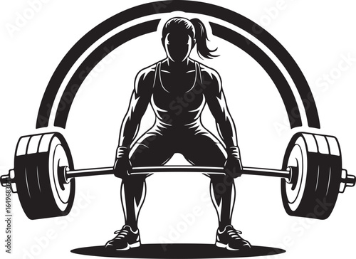 Woman weightlifter performing deadlift with barbell and arched frame strength