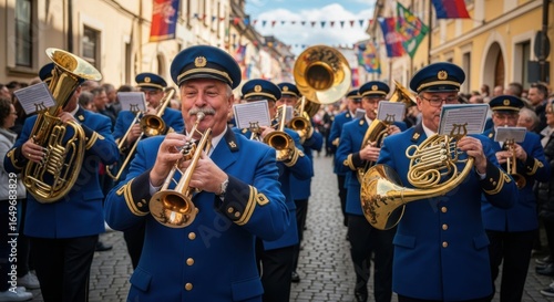 Brass Band Marches Through Historic Town Street Playing Music