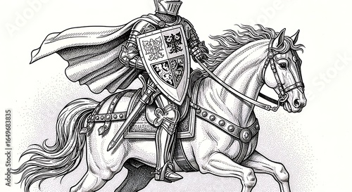 Detailed Black and White Illustration of a Knight on Horseback with Shield
