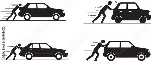 Two people pushing cars in a dynamic motion with speed lines silhouette