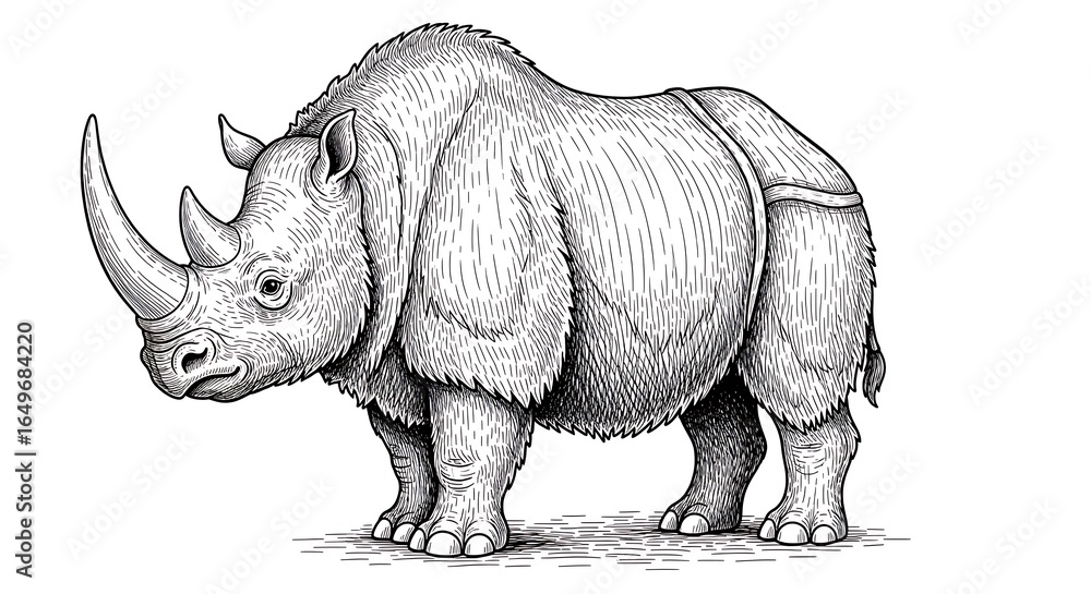Fototapeta premium Detailed Black and White Illustration of a Rhinoceros with Textured Fur