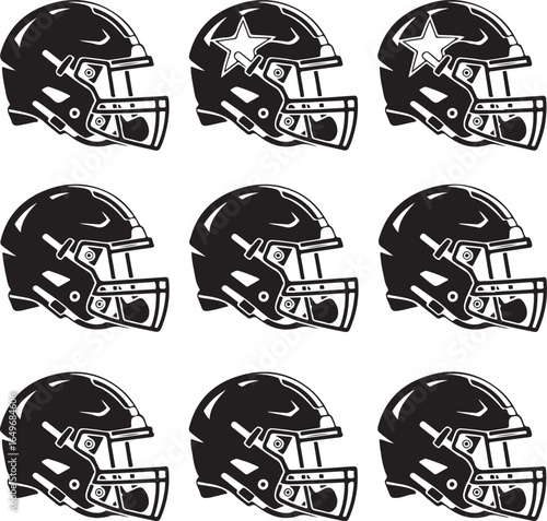 Nine black and white American football helmets with stars on white background sport game