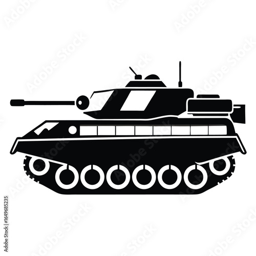 Black Silhouette Illustration of a Heavy Military Tank with a Long Barrel Gun