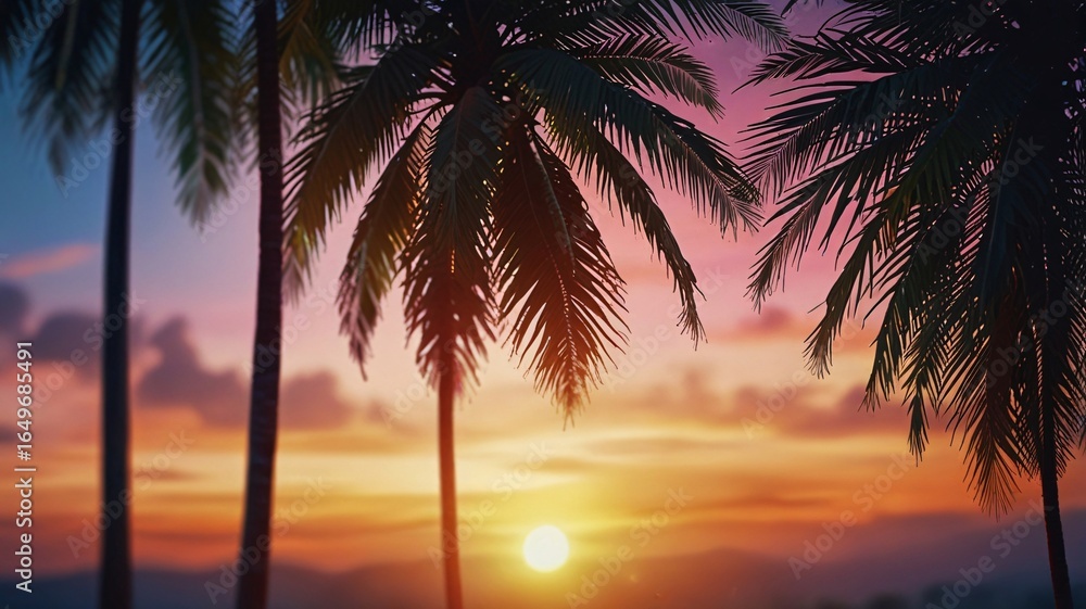 Fototapeta premium Vibrant Tropical Palm Leaves with Sunset Sky and Abstract Bokeh V4