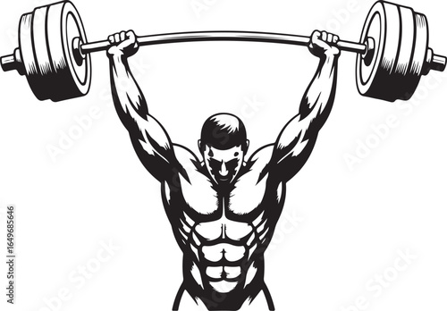 Muscular man with defined abs lifting barbell overhead illustration weightlifting weightlifter