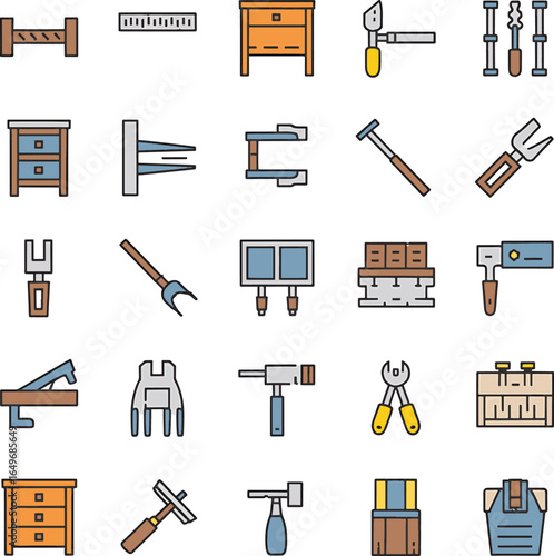 furniture assembly tools and hardware icon bundle set on transparent background