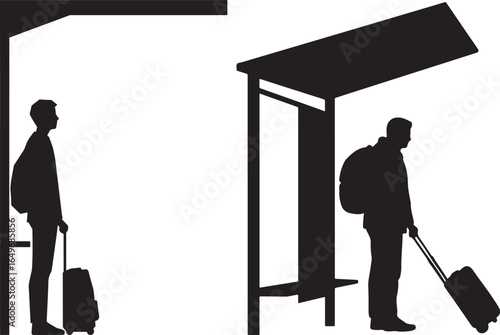 Two travelers with luggage waiting at bus stops silhouette