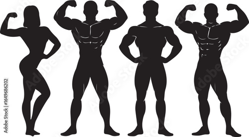 Silhouette of four bodybuilders flexing muscles on white background bodybuilding fitness