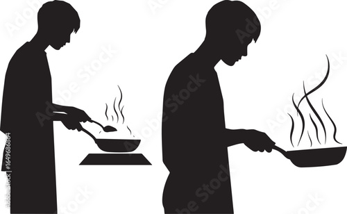 Two people cooking in silhouette with steam rising from their pans