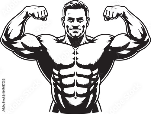 Bodybuilder flexing muscles showing biceps and abdominal muscles in black and white Keywords