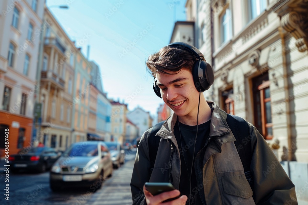 Obraz premium Young Listener on Historic Street