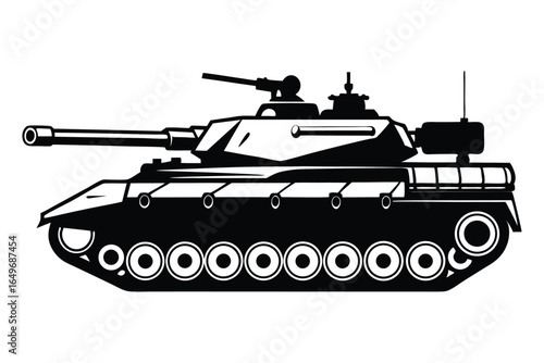 Silhouette Illustration of Military Tank with Long Barrel and Heavy Tracks Design