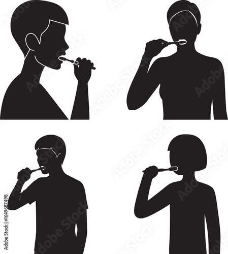 Four diverse people brushing teeth in a silhouette style for dental hygiene awareness
