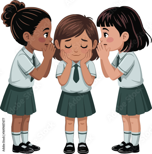 Three schoolgirls whispering secrets, one looking sad