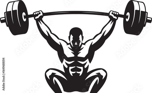 Muscular man lifting heavy barbell overhead in a squat position Keywords: weightlifting, strength