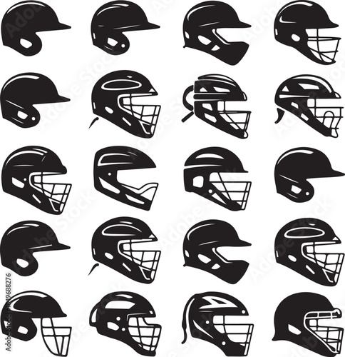 Sixteen black baseball batting helmets and catcher masks on white background sport equipment
