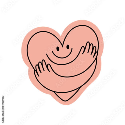 Vector logo design template and graphic element for advertising, branding, heart shape and love, funny cartoon illustrations with smiling character, valentine day mascot, self care concept