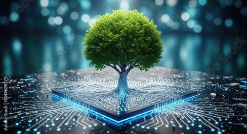Green tree growing from circuit board technology digital