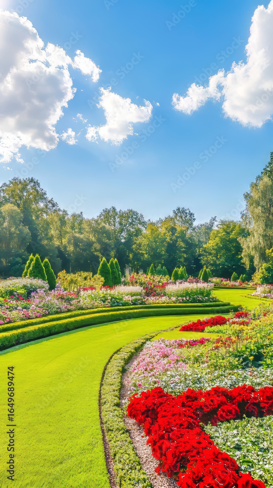 Fototapeta premium Lush vibrant garden path meanders through colorful flower beds. Bright blue sky with fluffy clouds over a beautiful park landscape.