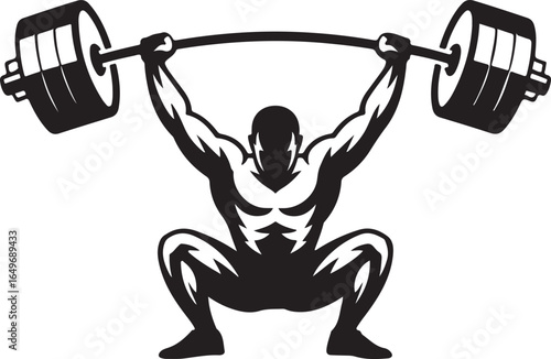 Muscular Man in a Squat Position Lifting a Barbell Overhead Black and White weightlifter