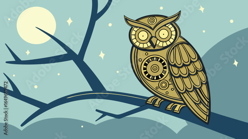 Golden Mechanical Owl with Glowing Eyes – Steampunk Fantasy Vector Illustration