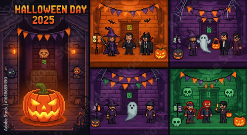 Pixel art halloween day scenes featuring characters and decorations in various colored rooms