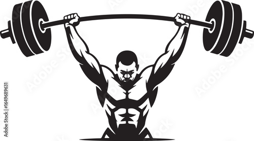 Muscular Man Lifting a Barbell Overhead in a Stylized Black and White Illustration weightlifter