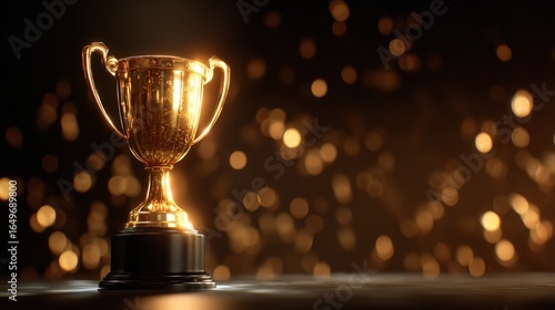 Glowing golden trophy symbolizes victory and celebrates hard earned achievements under bokeh
