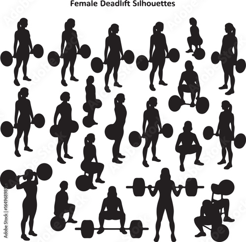 Collection of Female Weightlifters Performing Deadlifts and Squats Silhouettes vector illustration