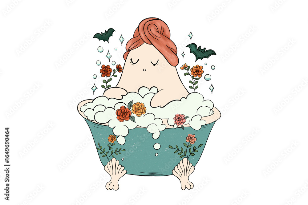 Naklejka premium Relaxing Ghost in Bathtub with Flowers and Bats – Halloween Spa Sublimation Design