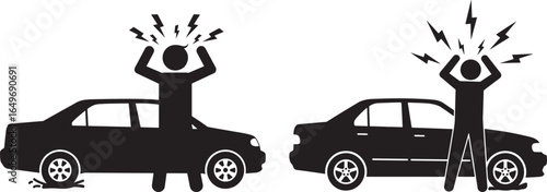 Two people emerging from car trunks with arms raised in celebration silhouette