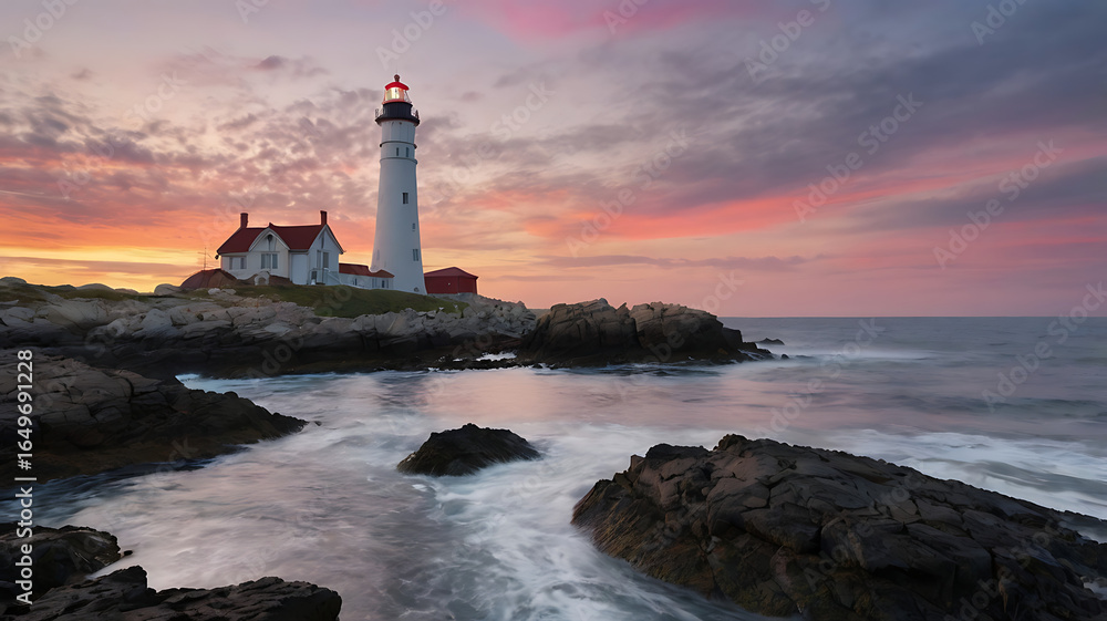 Fototapeta premium Featuring a lighthouse situated on a rocky coastline