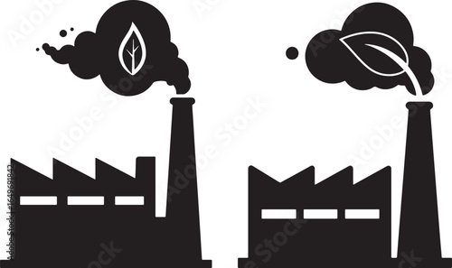 Two industrial factory chimneys emitting smoke with contrasting environmental symbols silhouette