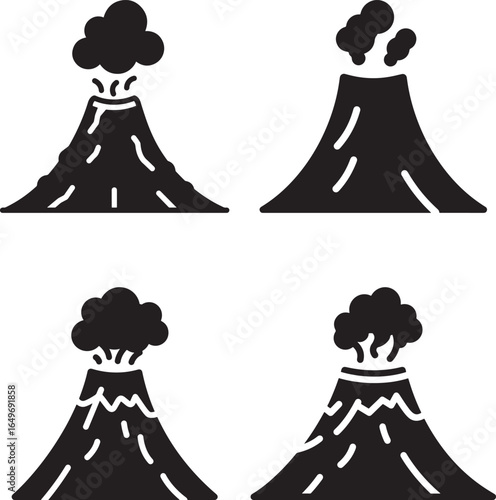 Four stylized black silhouette illustrations of erupting volcanoes